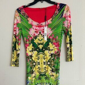 Designer Elie Tahari Bold Floral Silk Stretch Fitted Scoop Neck Dress NWT